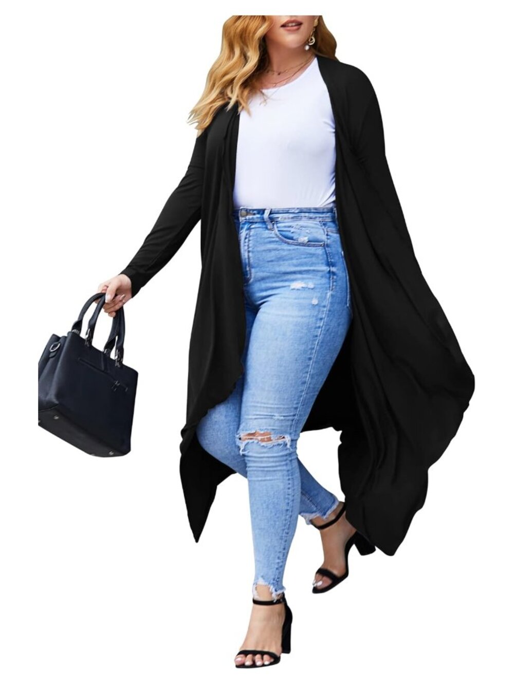 Plus Size Duster Cardigan Long Sleeve Open Front High Low Hem Lightweight